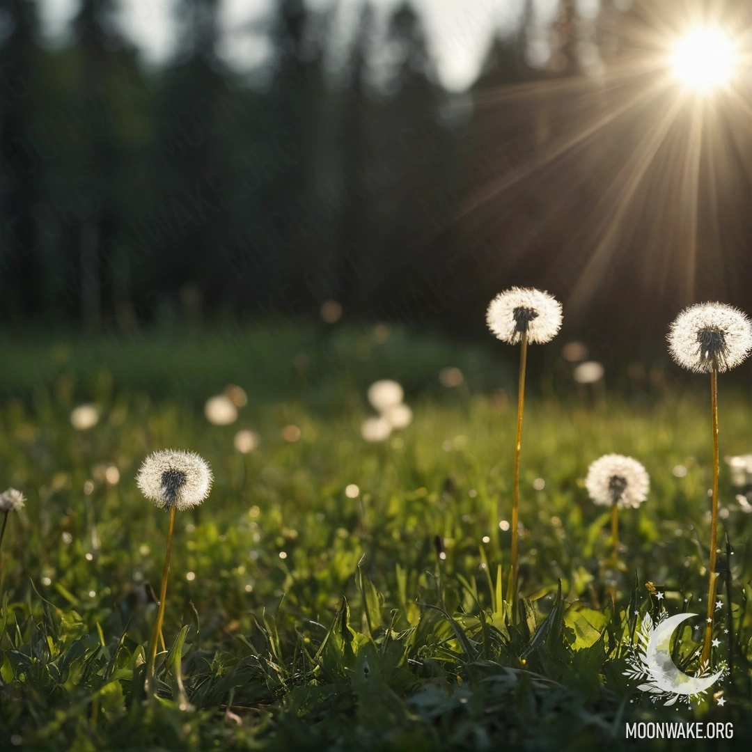 Крупный план дельфиниумов на фоне размытого леса с солнечными лучами ночью.