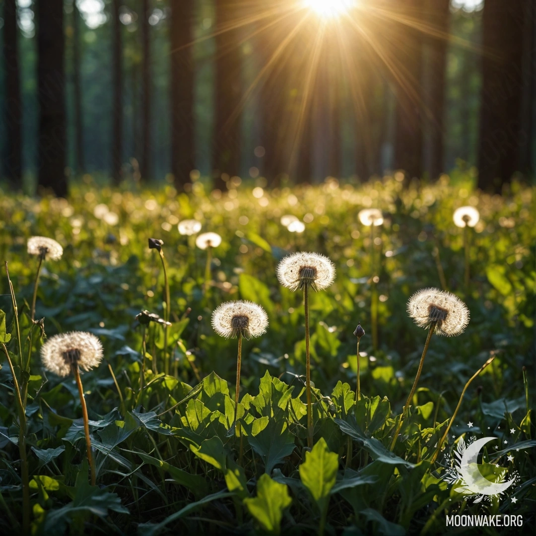 Крупный план одуванчиков на поле с размытым лесным фоном и солнечными лучами, пробивающимися сквозь деревья ночью.