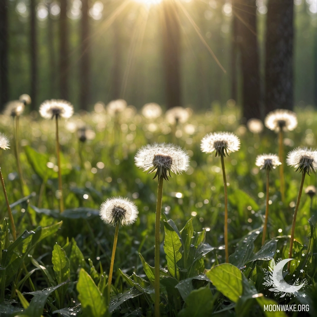 Крупный план данделионов на фоне размытого леса, сквозь дождь пробивается солнечный свет.