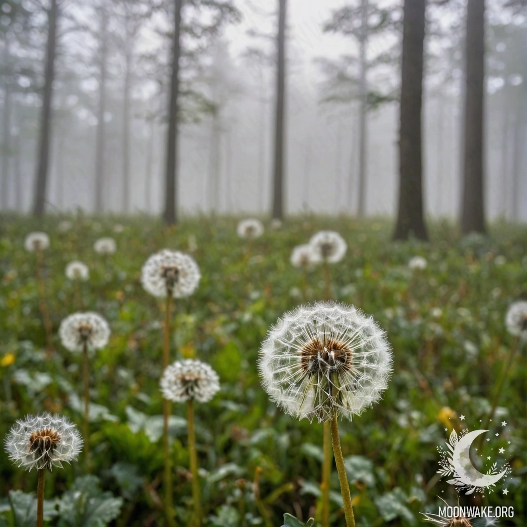 Крупный план дентелионов на мирном поле с размытым лесом на фоне и густым туманом, окутывающим сцену.