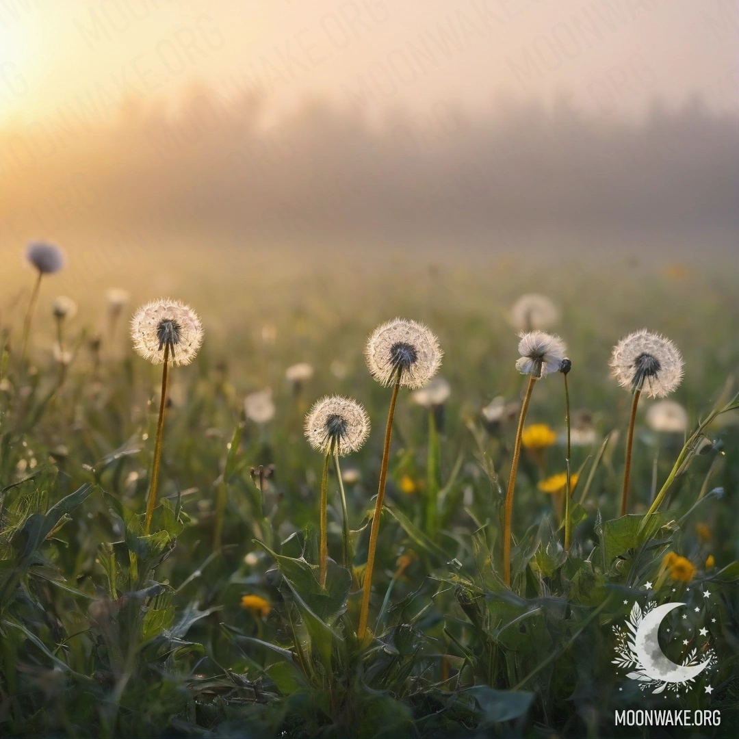 Крупный план одуванчиков на фоне поля, окруженных мягким туманом и боке.
