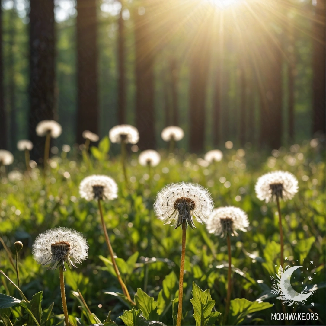 Крупный план одуванчиков на фоне размытого леса с солнечными лучами.