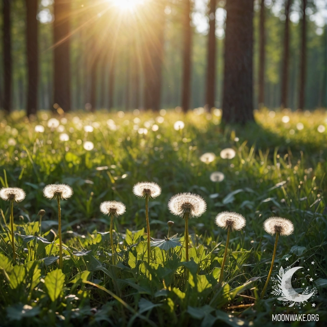 Крупный план данде́лионов на спокойном поле с размытым фоном леса.