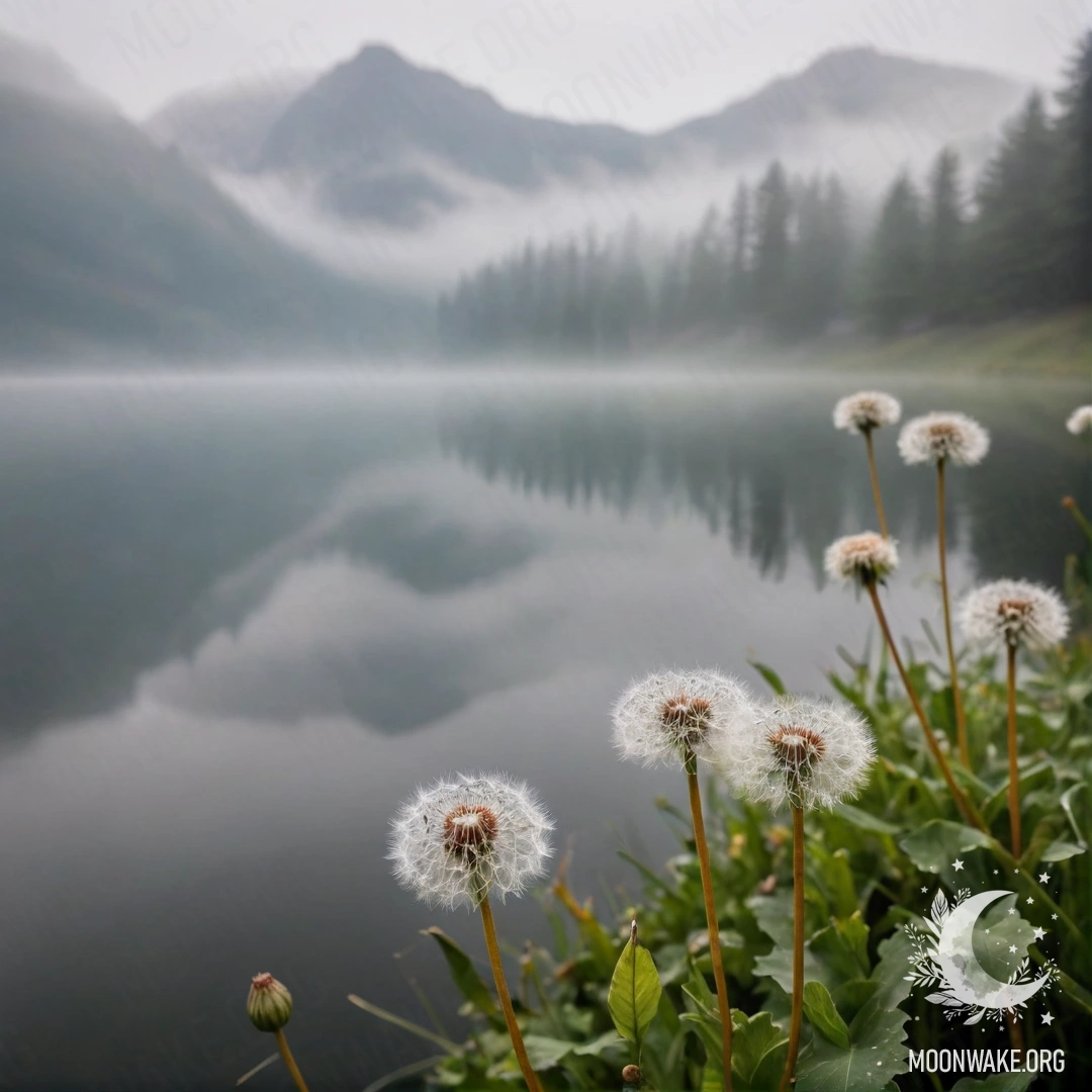 Крупный план одуванчиков на уютном поле с размытым фоном туманного горного озера.