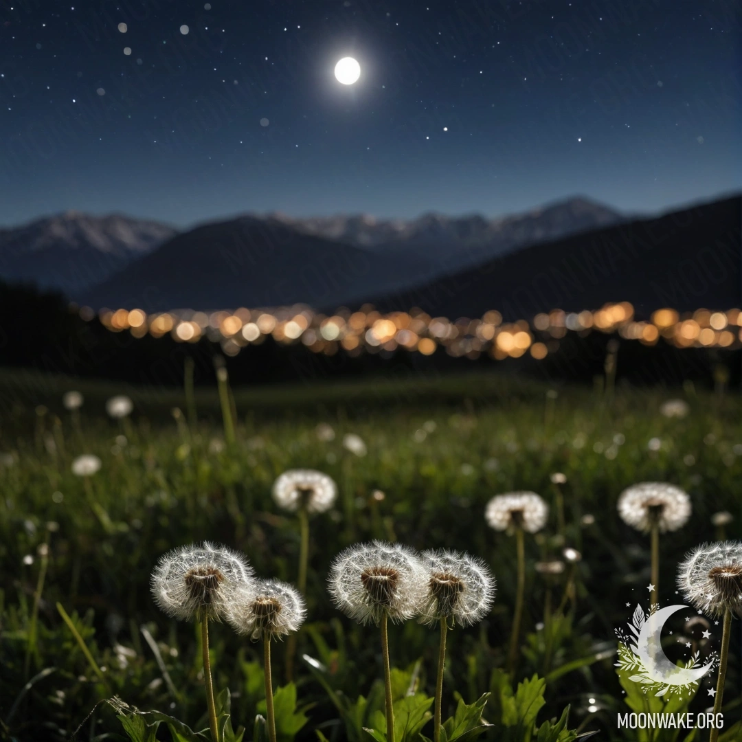 Близкий план данделионов в спокойном поле с размытыми горами на заднем плане ночью.