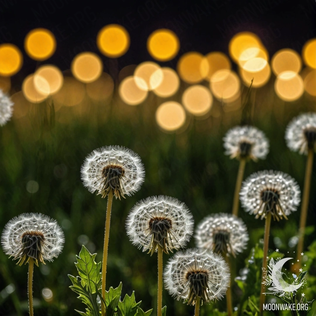 Крупный план одуванчиков на мирном поле ночью, с эффектом боке других цветов на заднем плане.