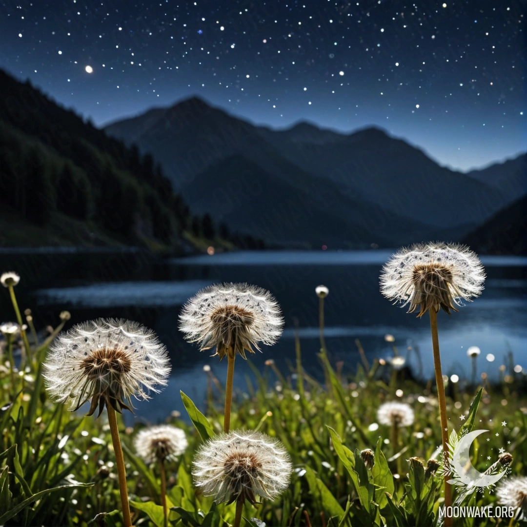 Крупный план одуванчиков на поле с размытым mountain lake на заднем плане ночью.