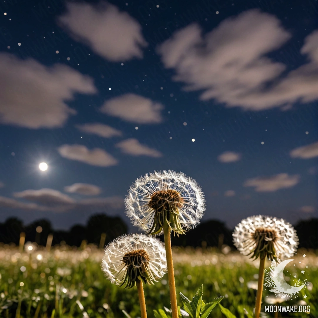 Крупный план одуванчиков на мирном поле под эффектным ночным небом с облаками.