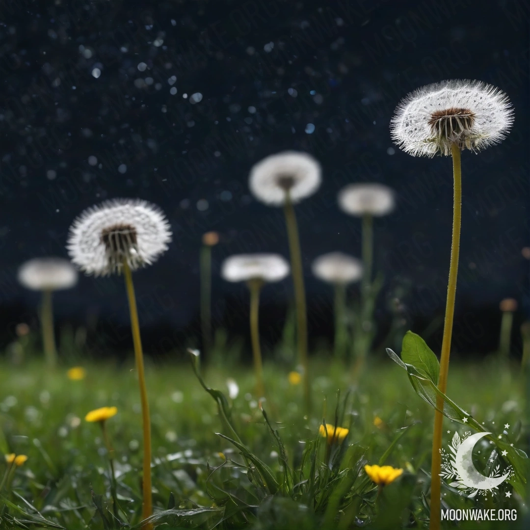 Крупный план одуванчиков на фоне размытого ночного неба.