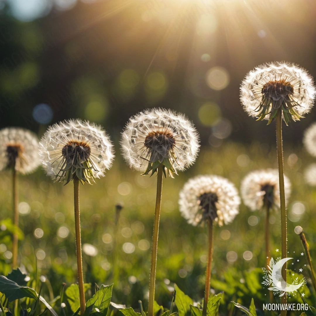 Крупный план одуванчиков на фоне размытых цветов и лучей света.