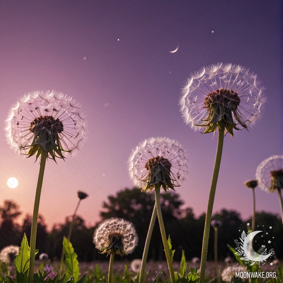 Крупный план одуванчиков на поле на фоне розово-фиолетового неба с луной.