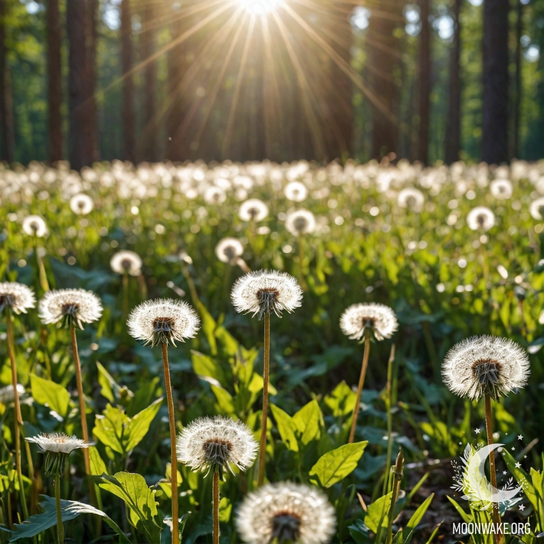 Крупный план одуванчиков на спокойном поле с размытим лесом на заднем плане, освещенных солнечными лучами.