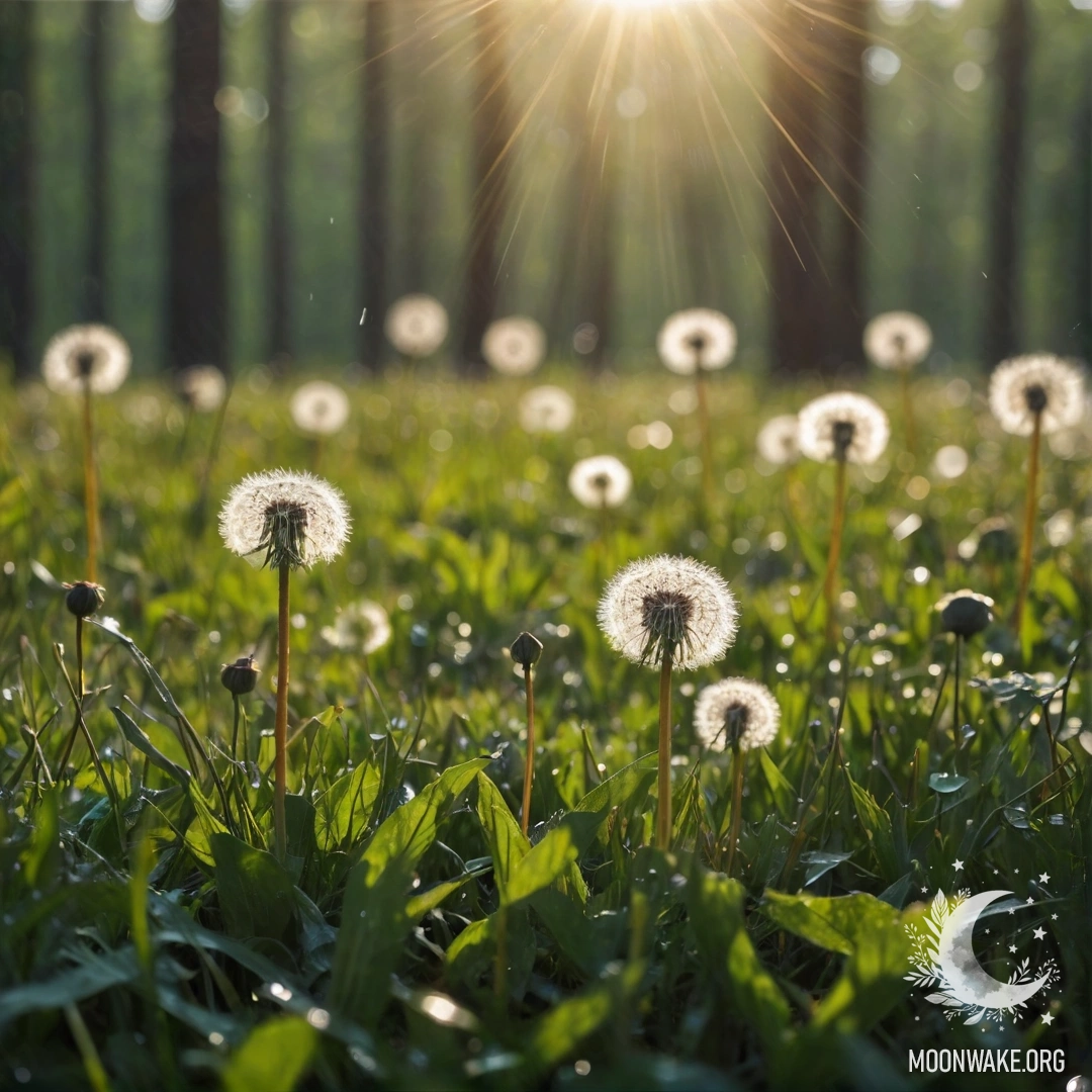 Крупный план одуванчиков в мирном поле с размытым фоном леса и солнечными лучами под дождем.