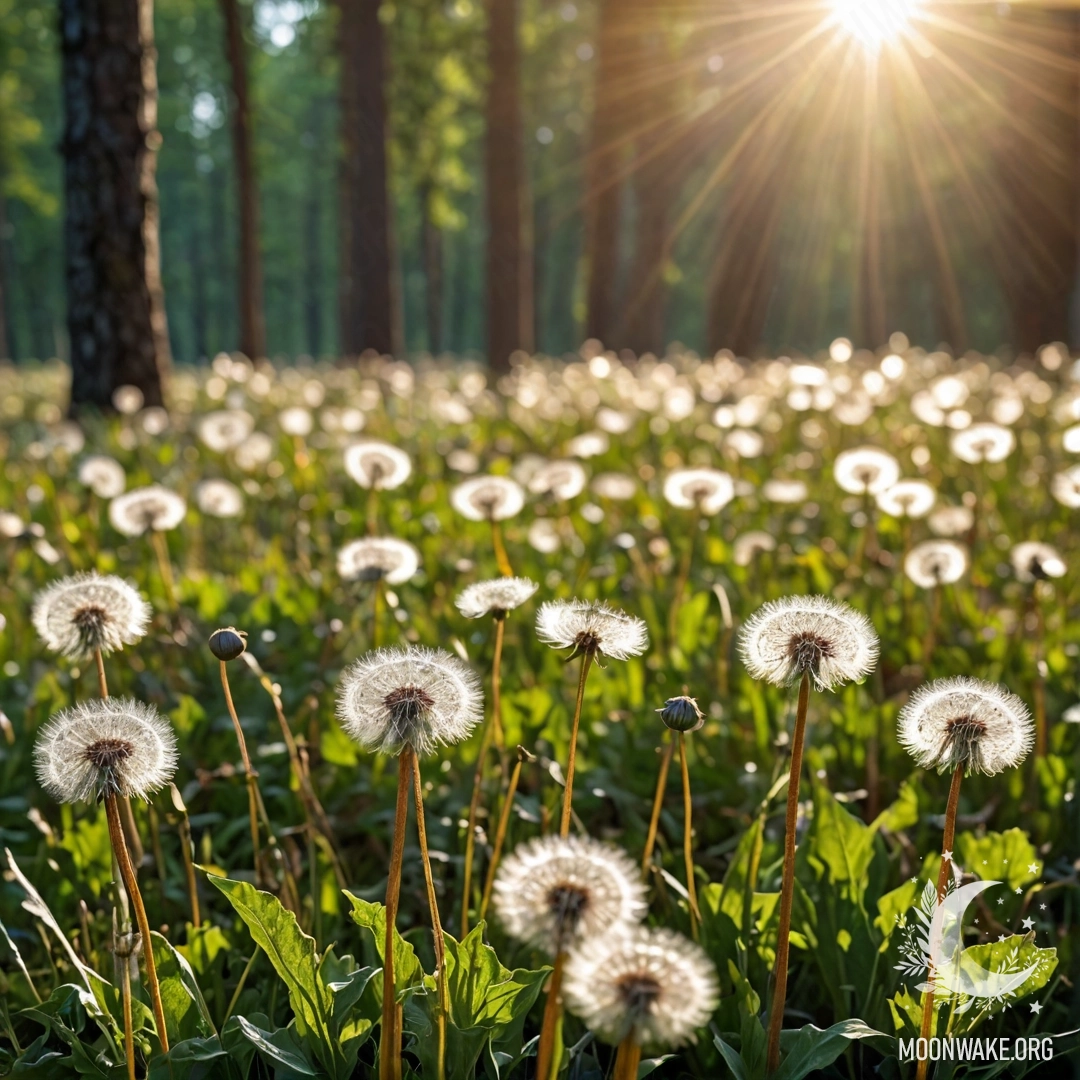 Крупный план нежных одуванчиков на фоне мягко размытого леса, освещённого лёгкими солнечными лучами.