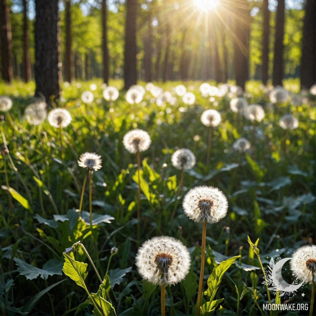 Крупный план одуванчиков на спокойном поле с размытым фоном леса и солнечными лучами.