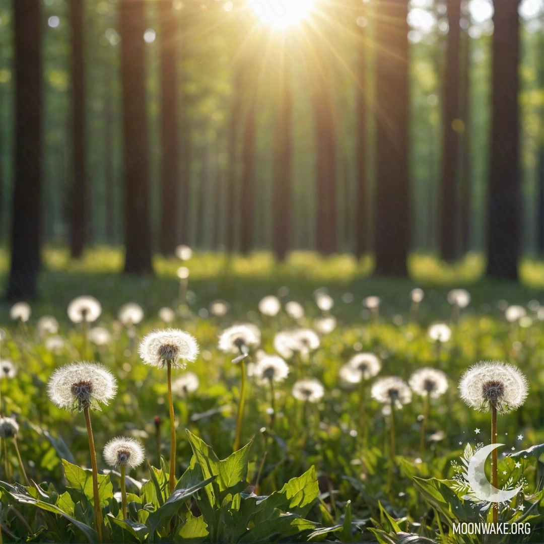 Крупный план одуванчиков на фоне солнечного леса с размытым фоном.