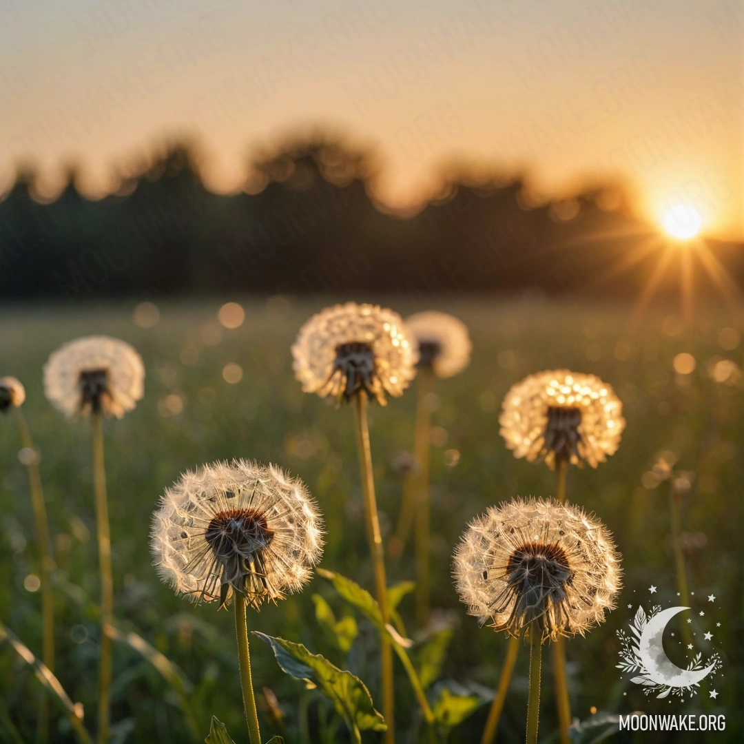 Крупный план одуванчиков на фоне размытого заката.