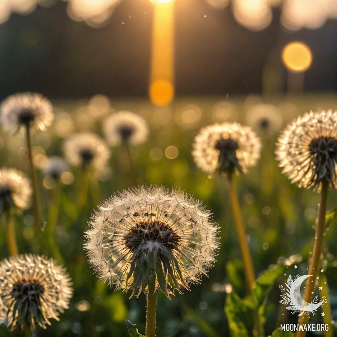 Крупный план полевых одуванчиков, на фоне размытого заката и капель дождя, падающих нежно.