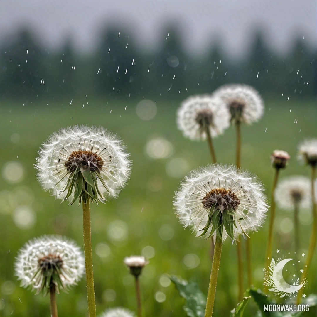 Крупный план одуванчиков на красивом поле на фоне размытого боке неба, с каплями дождя.