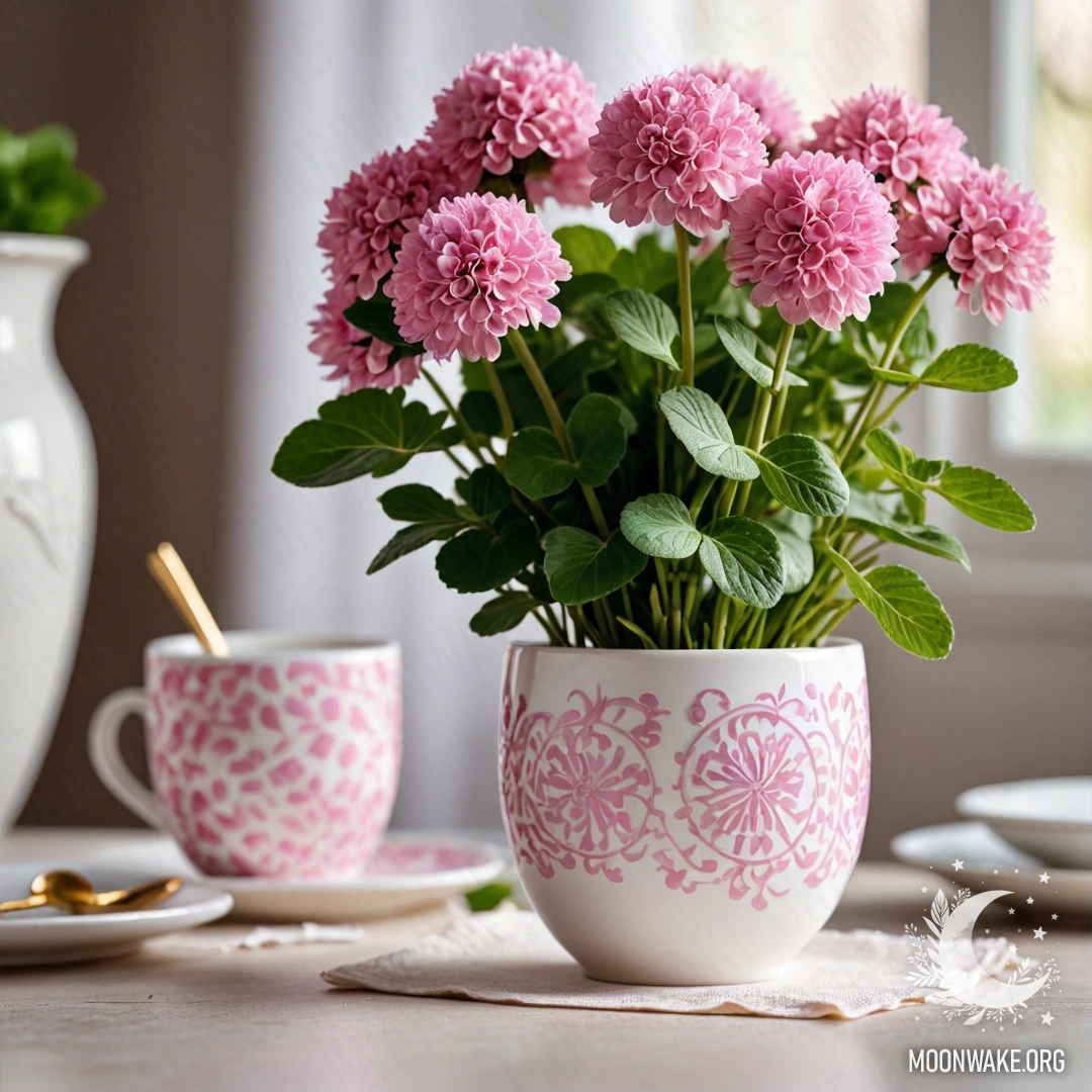 Круглая соломенная салфетка с белыми фарфоровыми чашками с розовым узором и клевером в белом вазе, освещённой гирляндами света.