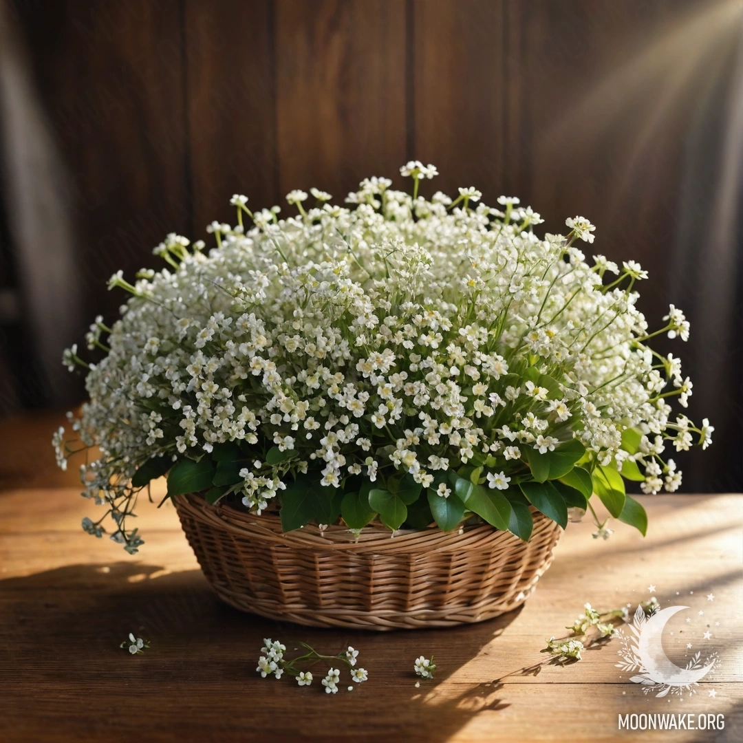 Небольшая корзинка, наполненная белыми цветами, на деревянном столе, освещённая солнечными лучами.