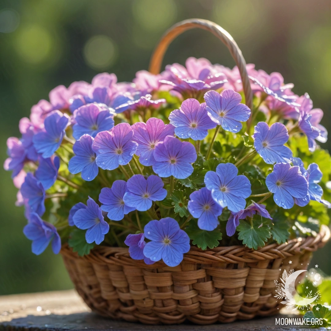 Крупный план синего гераня с каплями росы в корзине, освещенный солнечными лучами.