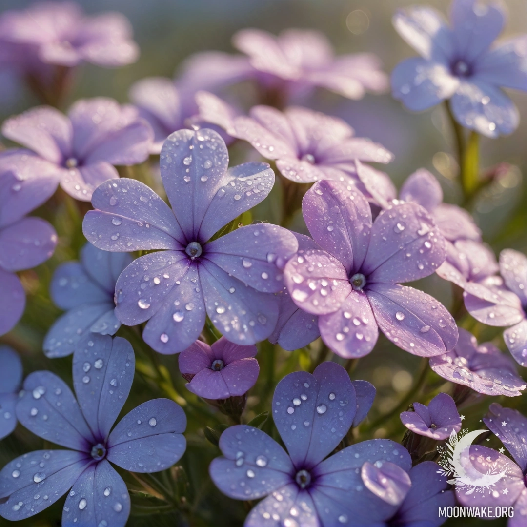 Крупный план голубых цветов флокса, украшенных каплями росы и солнечными лучами.
