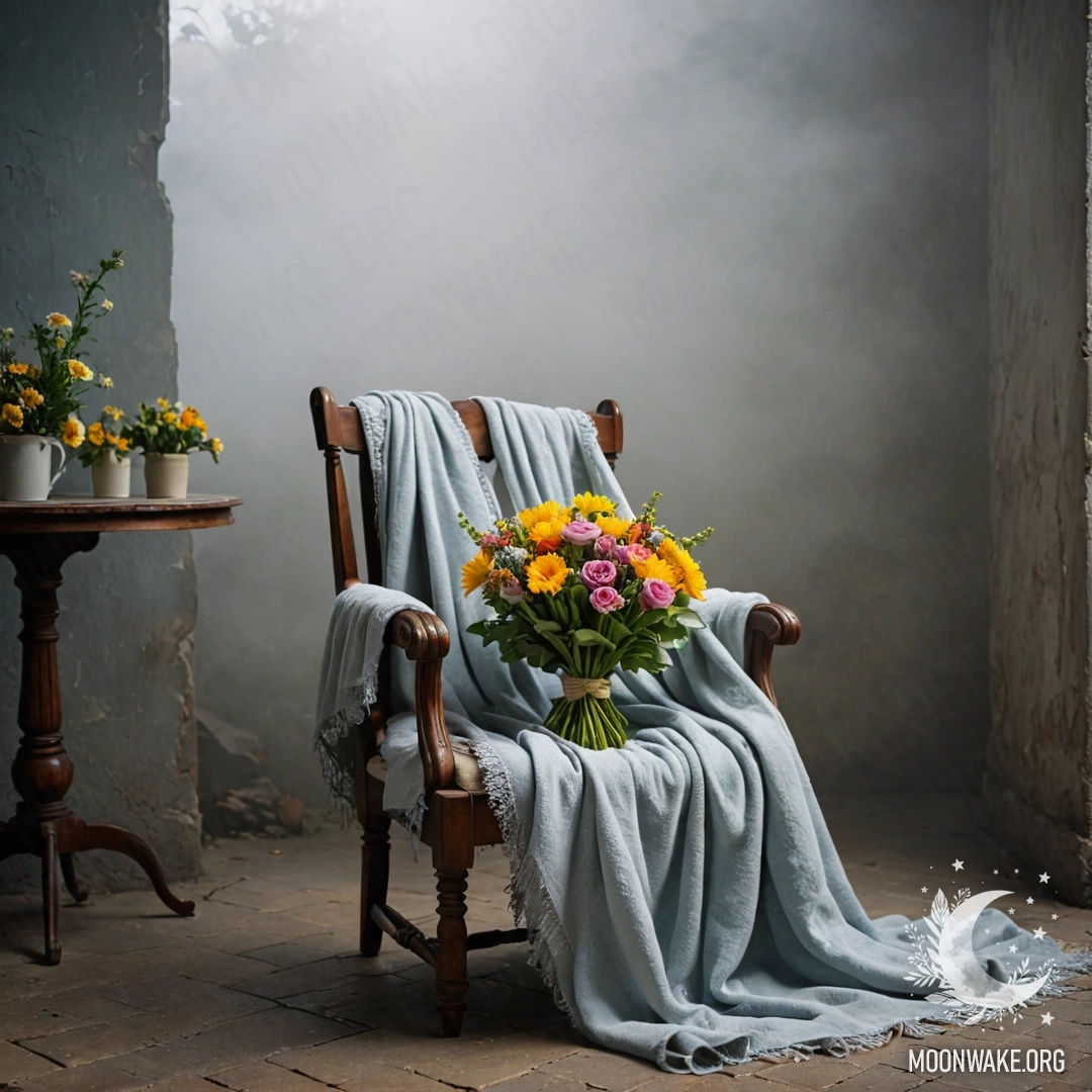 Винтажный стул, украшенный пледом и букетом цветов, на фоне потертой стены в густом тумане.
