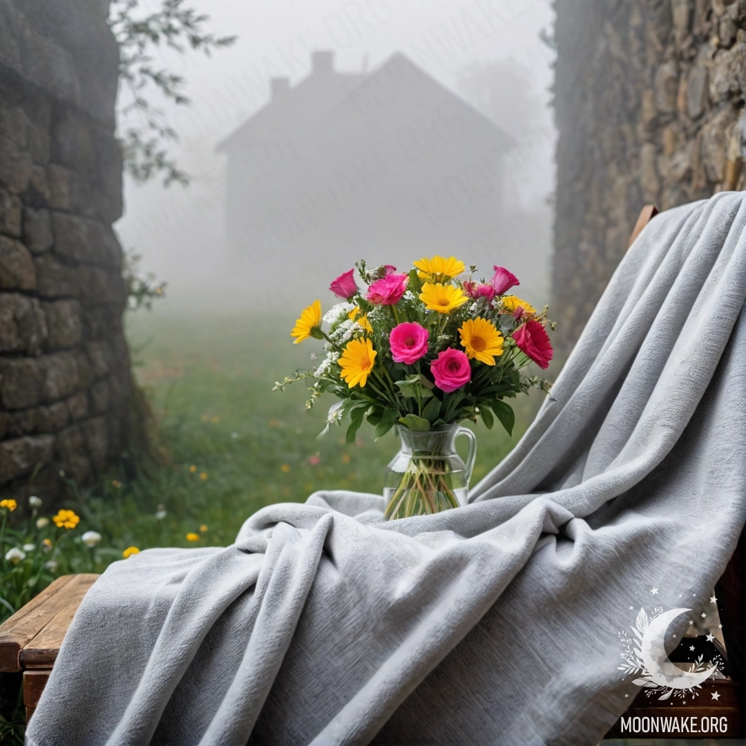 Уютный стул на фоне потрепанной стены, с покрывалом на нём и букетом цветов сверху, окутанный густым туманом.