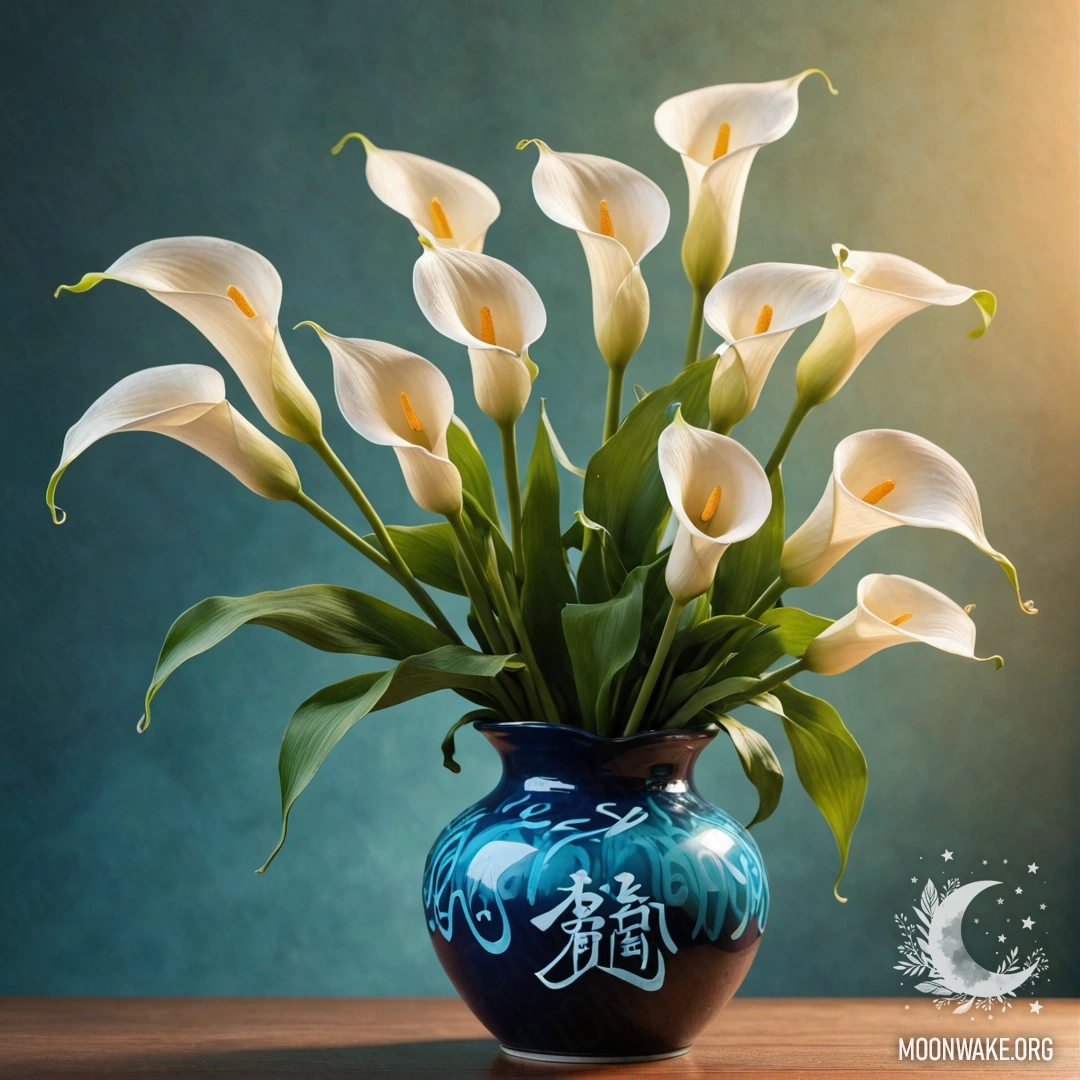 Ваза с милыми лилиями зелено-голубого цвета, освещёнными мягким светом заката.