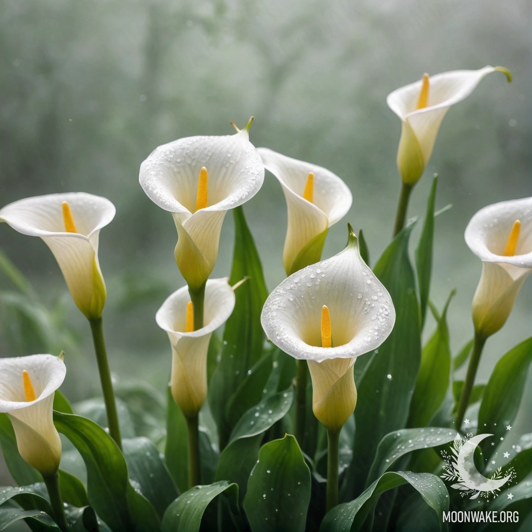 Нежный букет лилий, окутанный туманом с блестками, в шалфейном цвете.