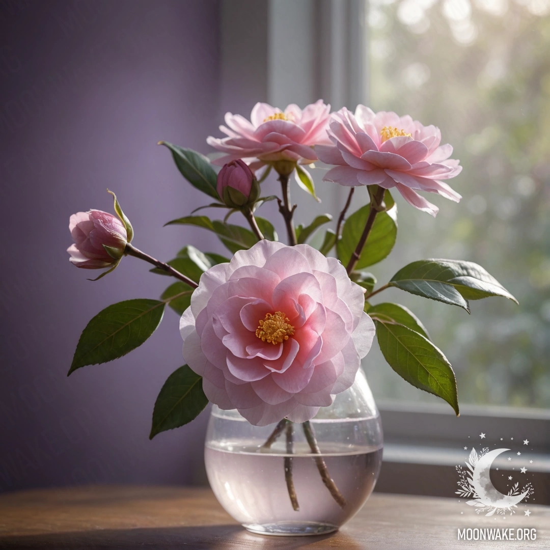 Нежная камелия лавандового цвета в вазе, окруженная туманом и солнечными лучами.