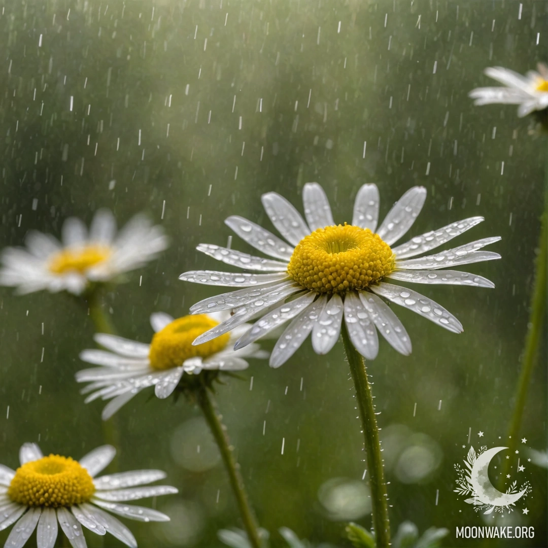 Крупный план милых ромашек, сверкающих под дождем с пробивающимися солнечными лучами.