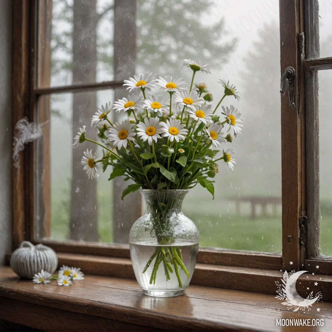 Стеклянная ваза с ромашками на деревянном винтажном подоконнике в туманном окружении.