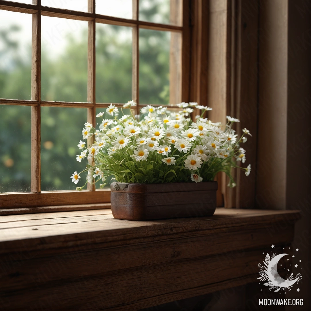 Стеклянная ваза с ромашками на деревянном винтажном подоконнике, освещённая гирляндами.
