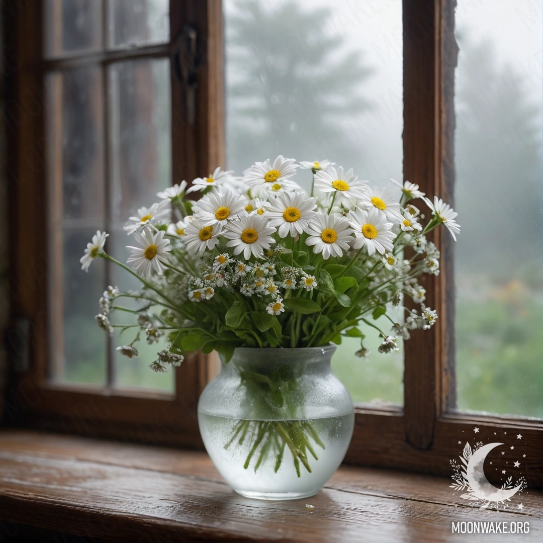 Стеклянная ваза с ромашками на винтажном подоконнике в тумане.