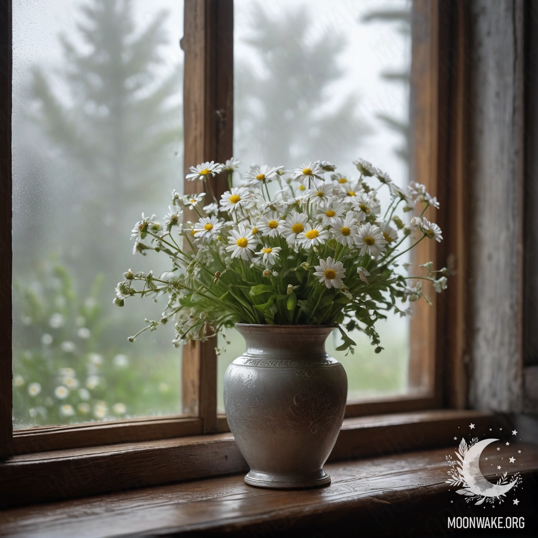 Стеклянная ваза с ромашками, размещенная на винтажной деревянной подоконнике, окруженная густым туманом.