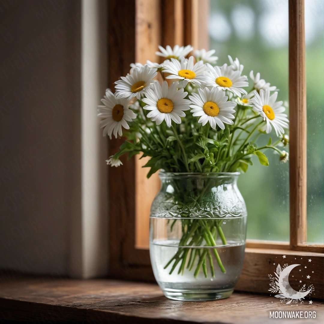 Стеклянная ваза с ромашками на деревянном винтажном подоконнике.