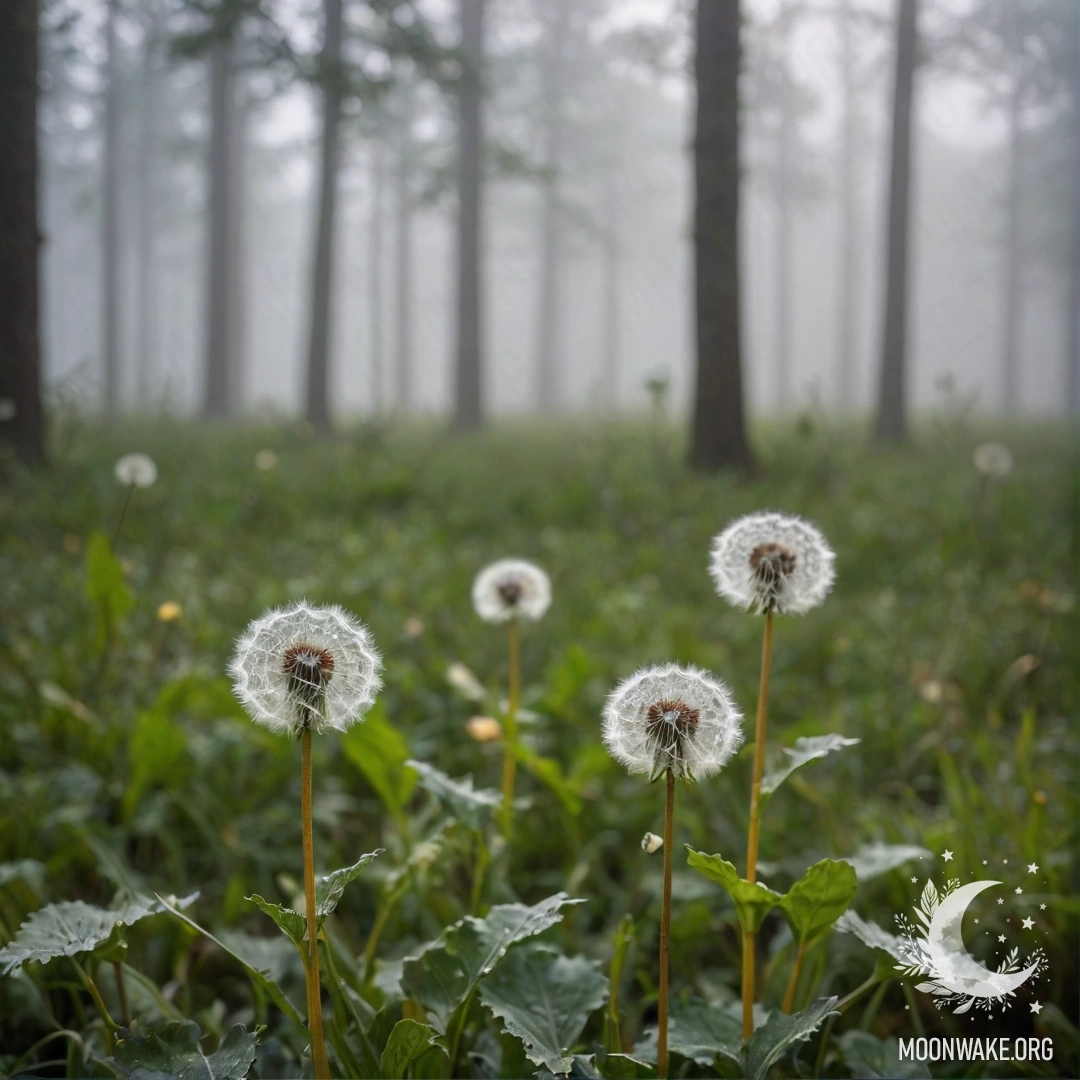 Крупный план одуванчиков на фоне туманного леса с эффектом боке.