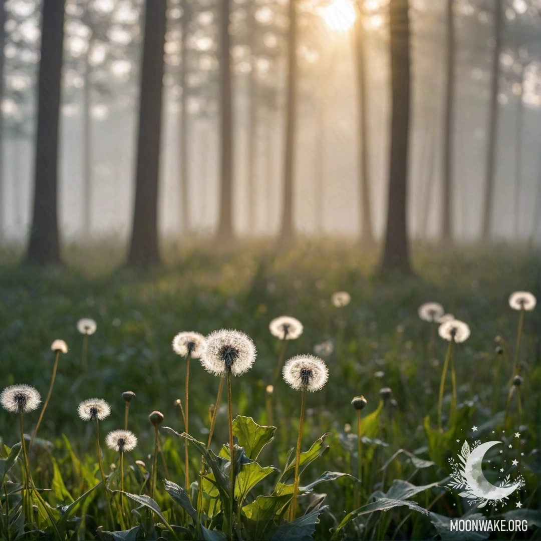 Крупный план одуванчиков на фоне туманного леса, сквозь который пробиваются солнечные лучи.