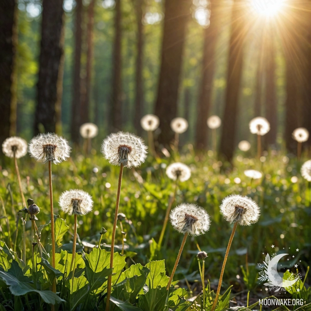 Крупный план одуванчиков на фоне размытого леса и солнечных лучей.
