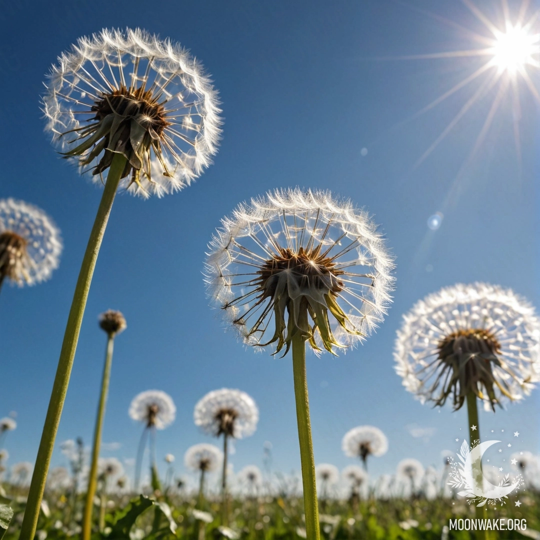 Крупный план одуванчиков на фоне размытого неба с боке в солнечный день.
