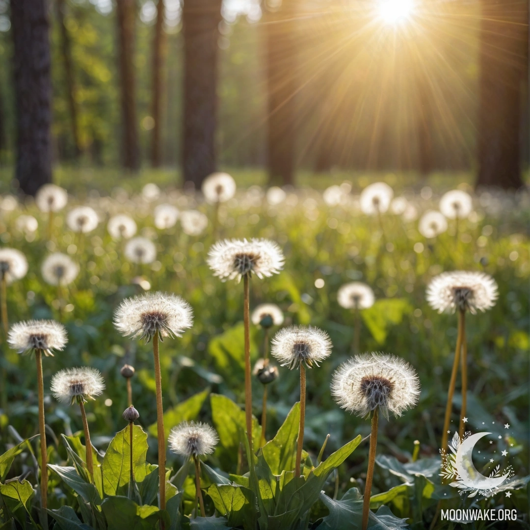 Крупный план одуванчиков на солнце в лесу с размытым фоном.