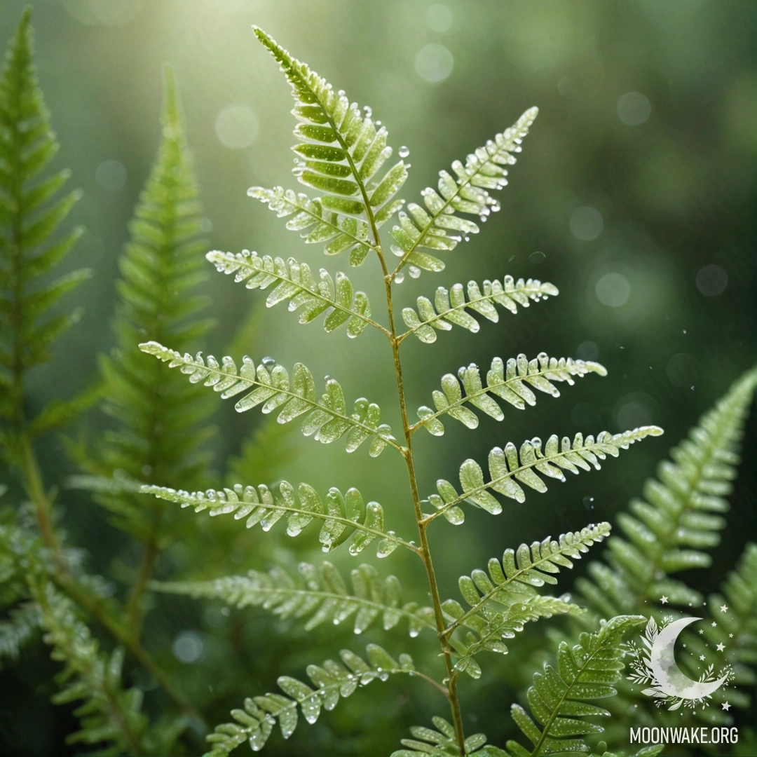 Мягкий зеленый папоротник с каплями росы на пастельном фоне.