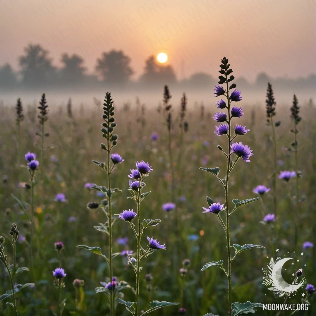 Крупный план нежных полевых цветов на фоне бokeh заката в густом тумане.