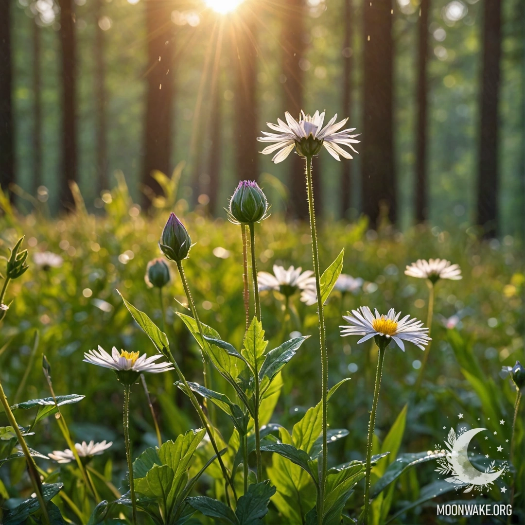 Близкий план нежных полевых цветов на фоне размытого леса, где сквозь дождь пробиваются солнечные лучи.