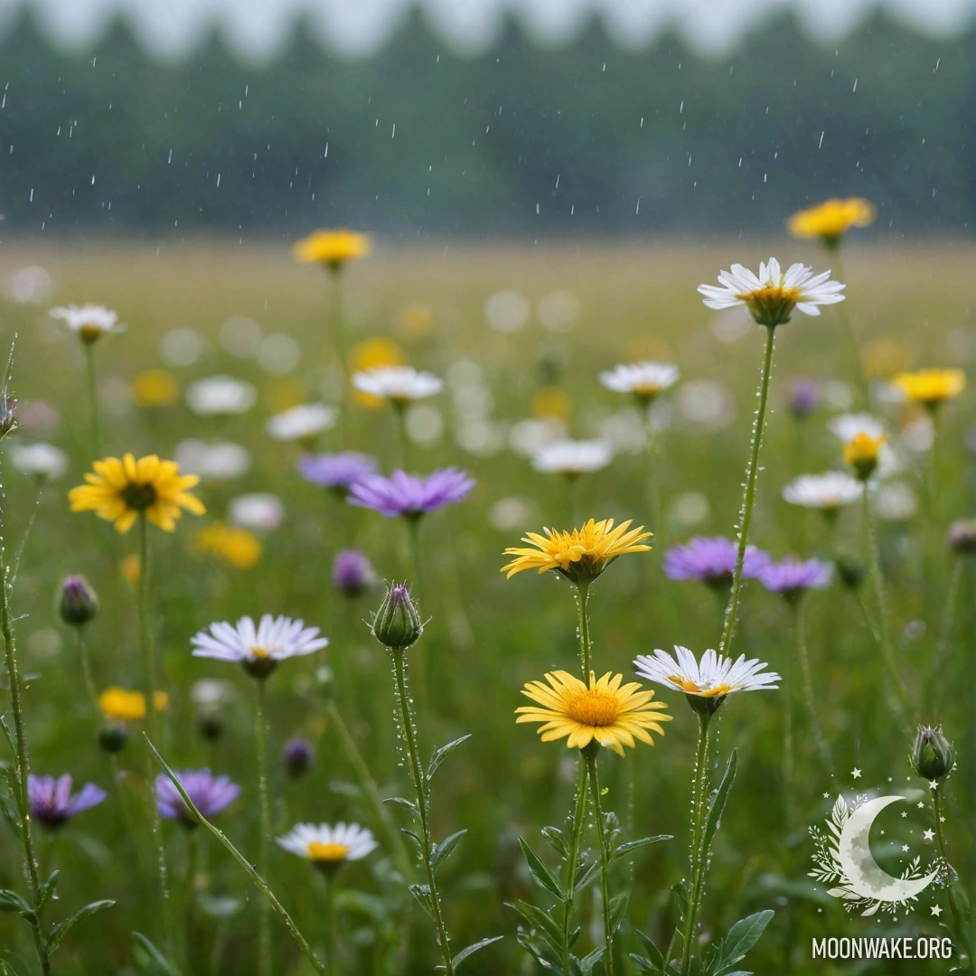 Крупный план нежных полевых цветов с размытым фоном дождливого неба.