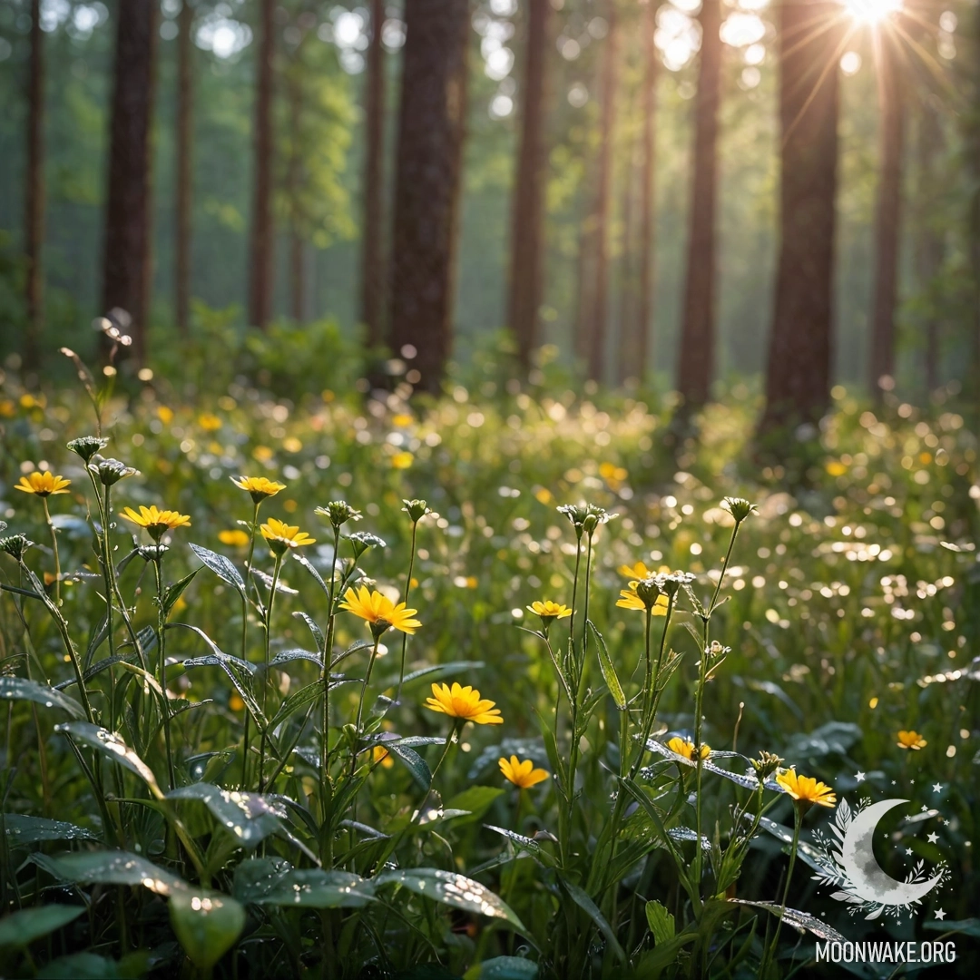 Крупный план нежных полевых цветов на фоне размытого леса и мягких солнечных лучей под дождем.