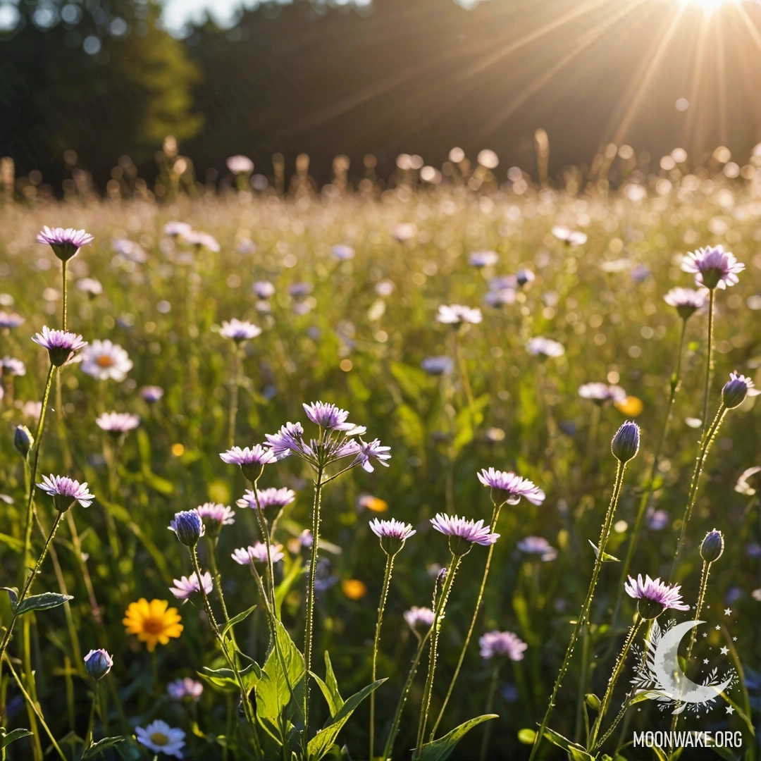 Крупный план нежных полевых цветов, освещённых солнечными лучами, на фоне размытого света.