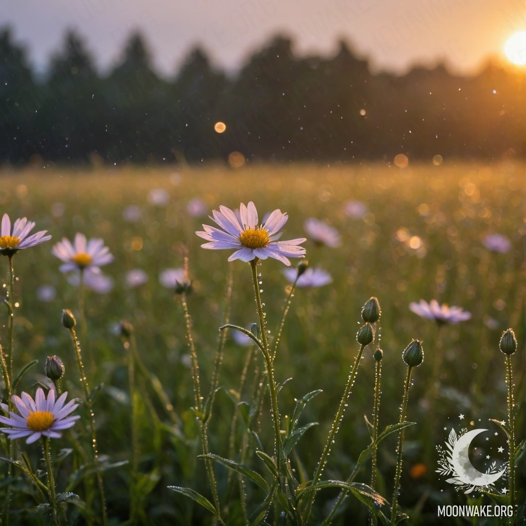 Крупный план нежных полевых цветов на фоне размытого заката, с блестящими каплями дождя.
